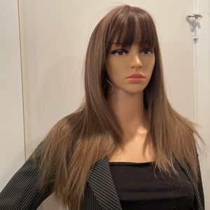 ash brown wig medium wig long center parting straight blended hair bangs 23” nwt